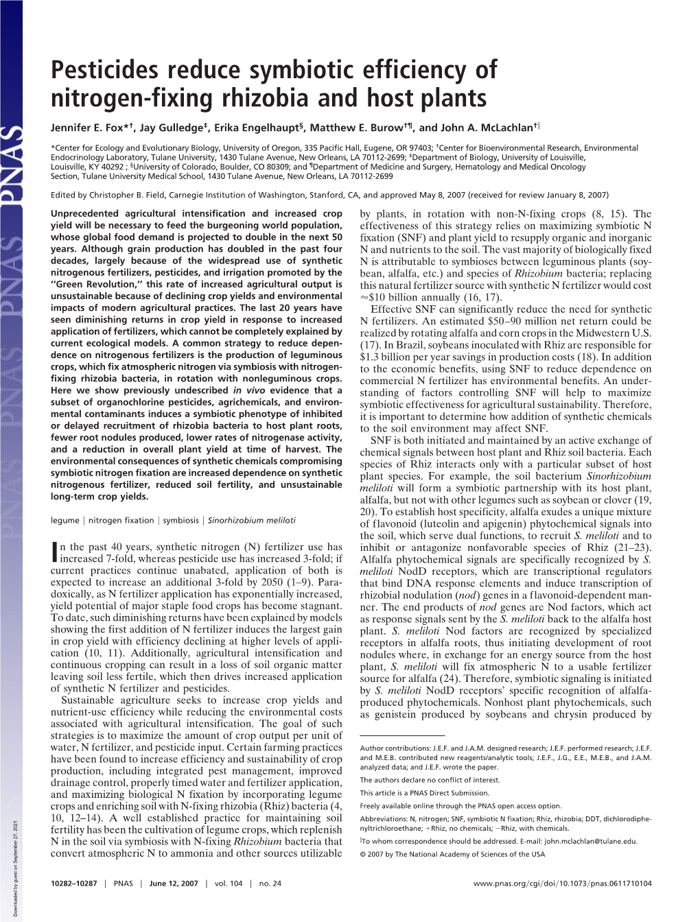 Pesticides Reduce Symbiotic Efficiency of Nitrogen-Fixing Rhizobia and Host Plants