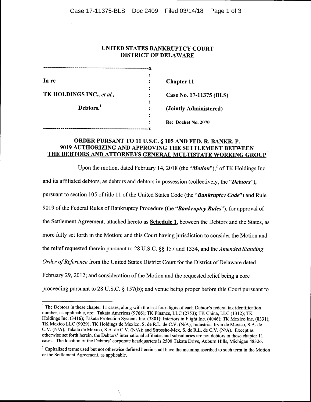 Case 17-11375-BLS Doc 2409 Filed 03/14/18 Page 1 of 3