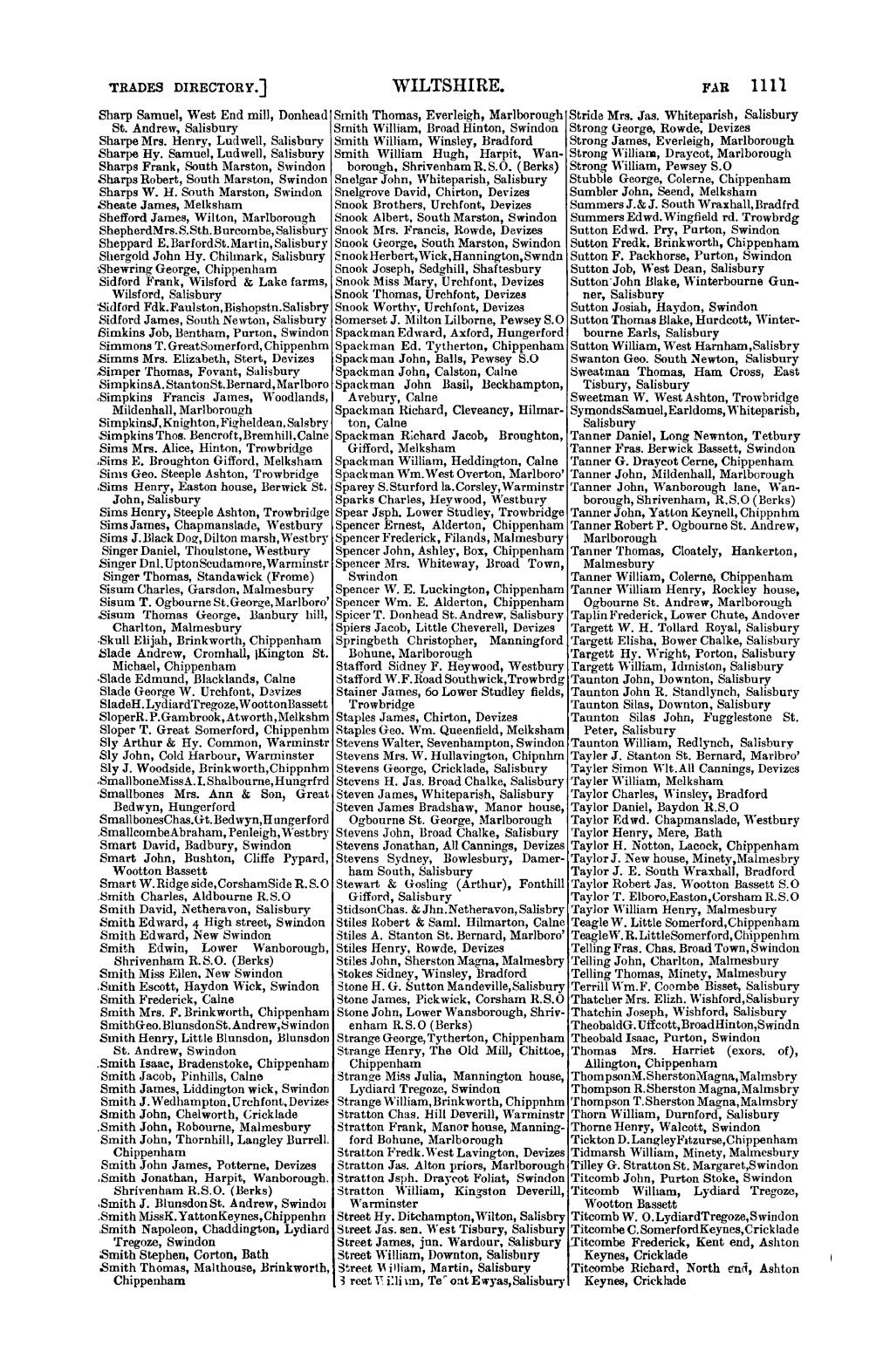 WILTSHIRE. F.AR 1111 Sharp Samuel, West End Mill, Donhead Smith Thomas, Everleigh, Marlborough Stride Mrs