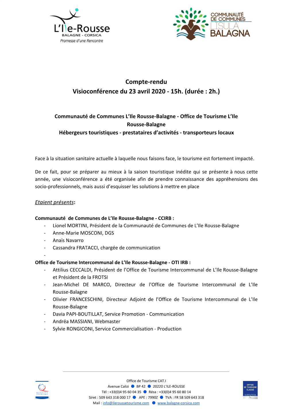 Compte-Rendu Visioconférence Du 23 Avril 2020 - 15H