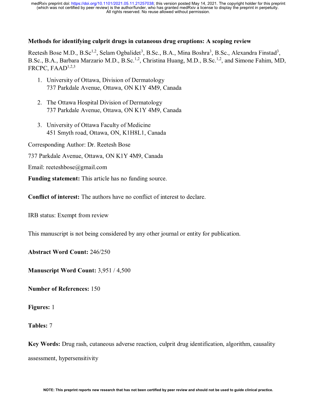 Methods for Identifying Culprit Drugs in Cutaneous Drug Eruptions: a Scoping Review Reetesh Bose M.D., B.Sc1,2, Selam Ogbalidet3