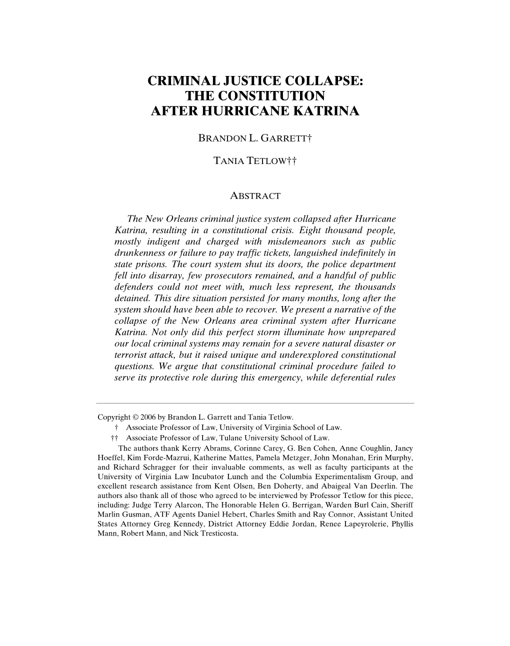 Criminal Justice Collapse: the Constitution After Hurricane Katrina