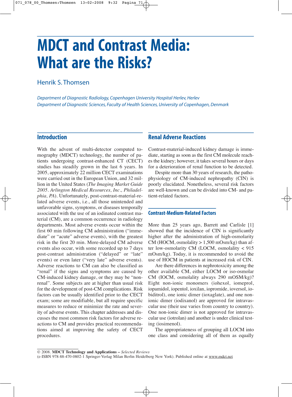 MDCT and Contrast Media: What Are the Risks?