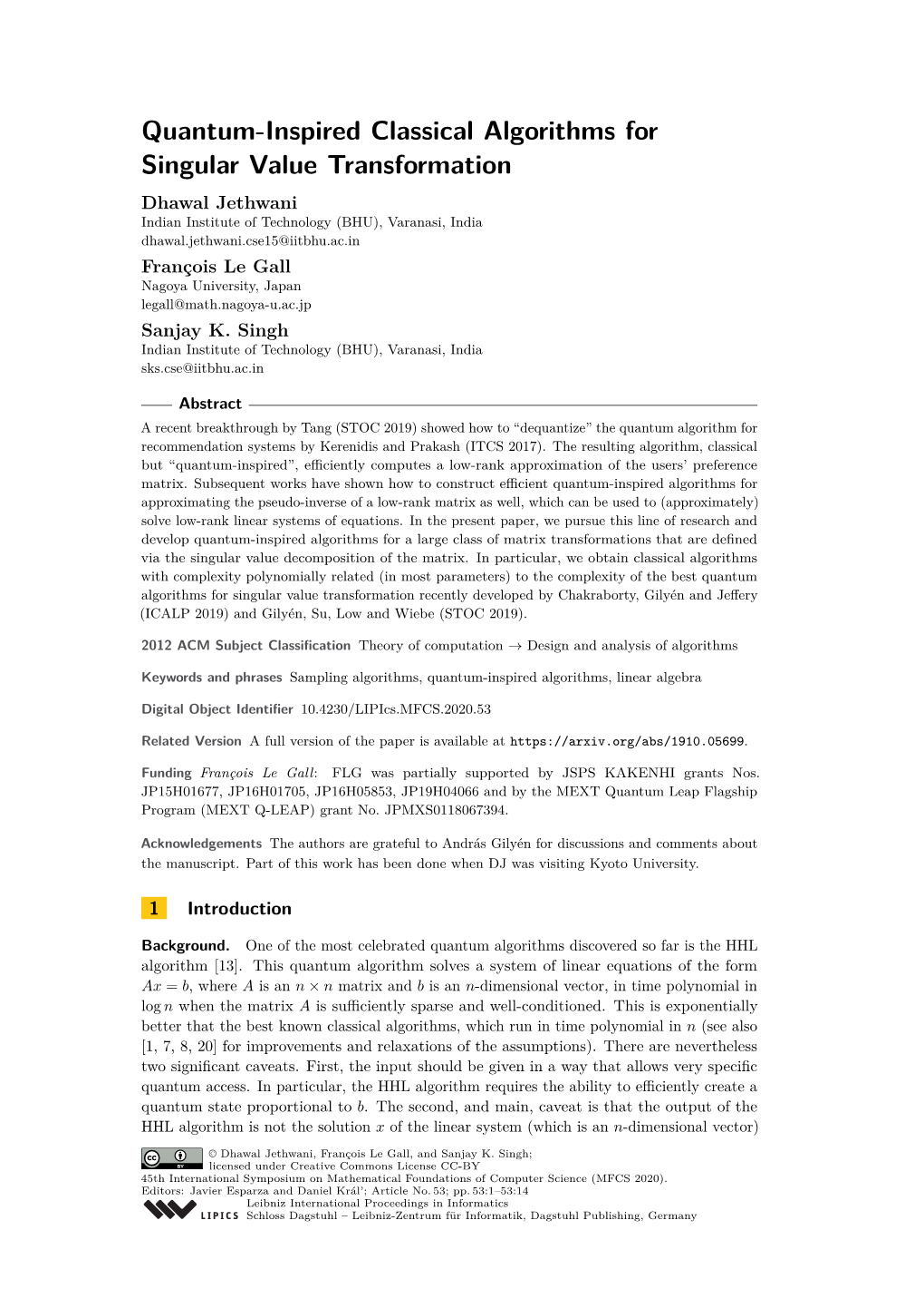 Quantum-Inspired Classical Algorithms for Singular Value