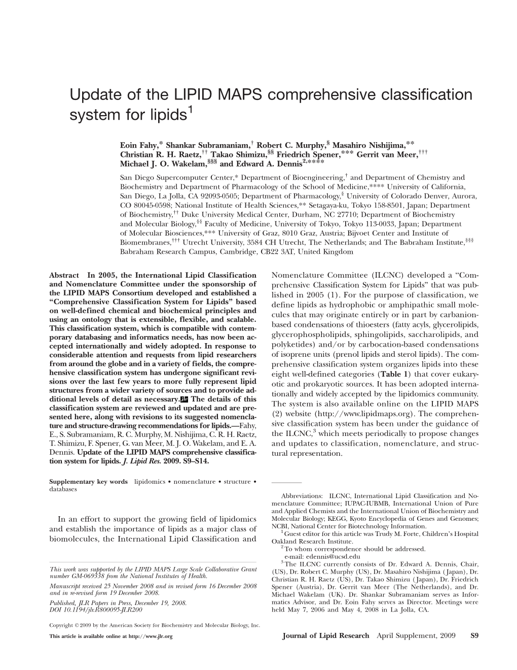Update of the LIPID MAPS Comprehensive Classification System for Lipids1
