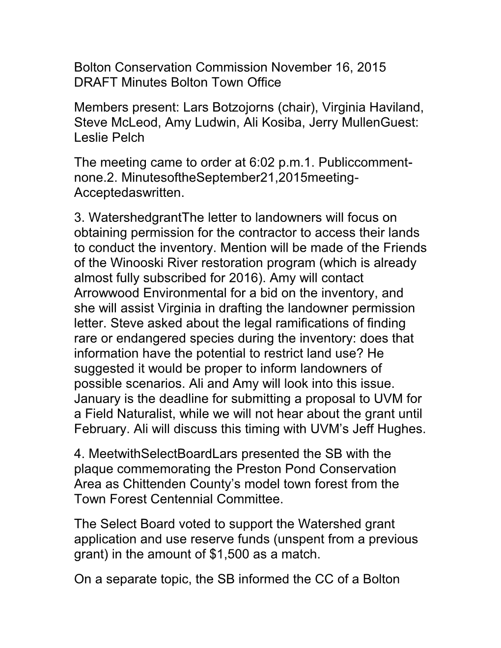 Bolton Conservation Commission November 16, 2015 DRAFT Minutes Bolton Town Office