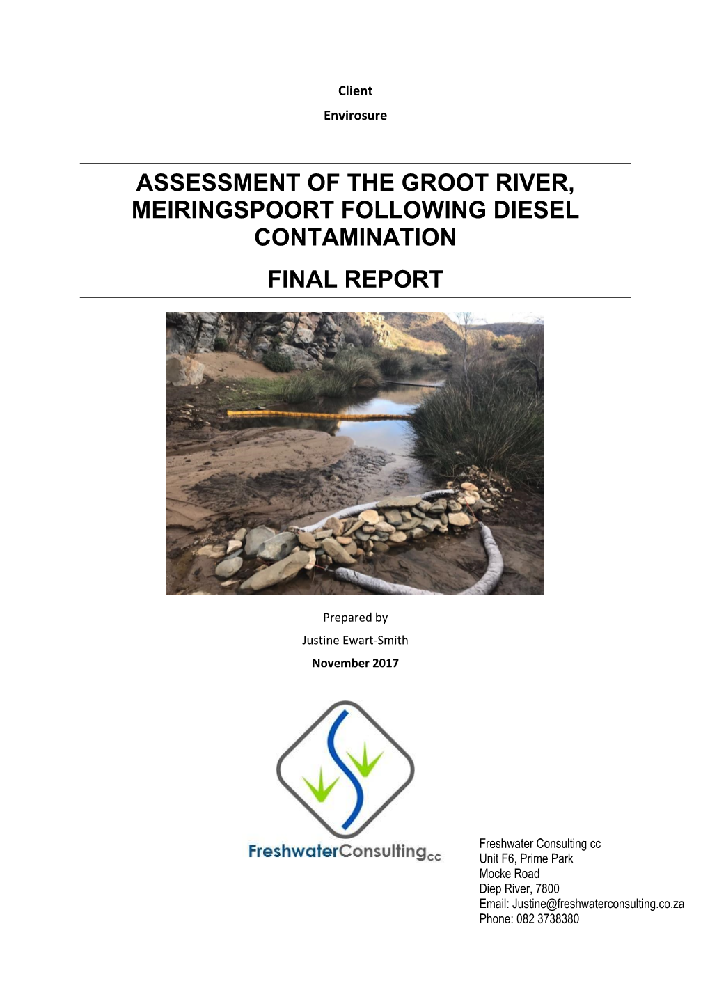 Assessment of the Groot River, Meiringspoort Following Diesel Contamination Final Report
