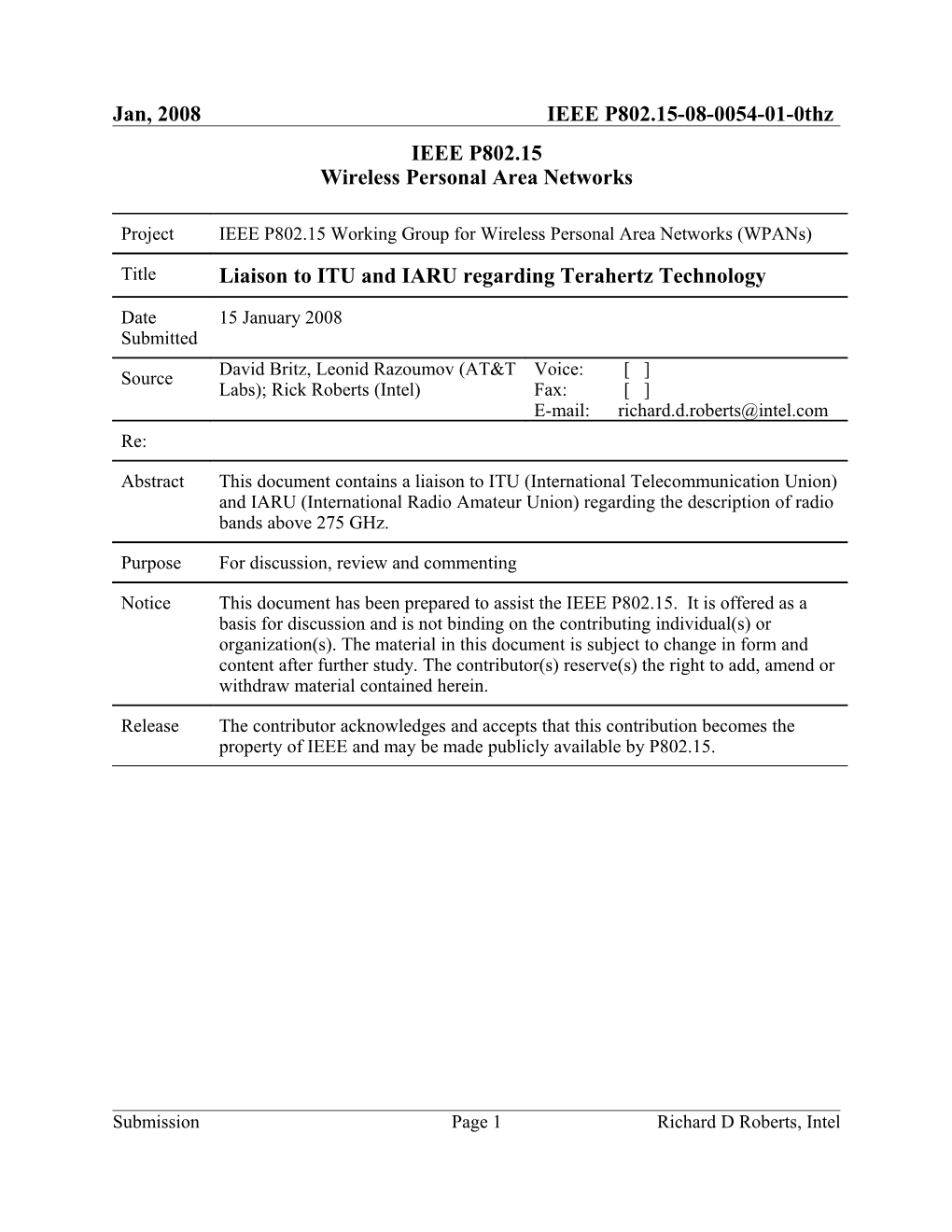 Liaison to ITU and IARU Regarding Terahertz Technology