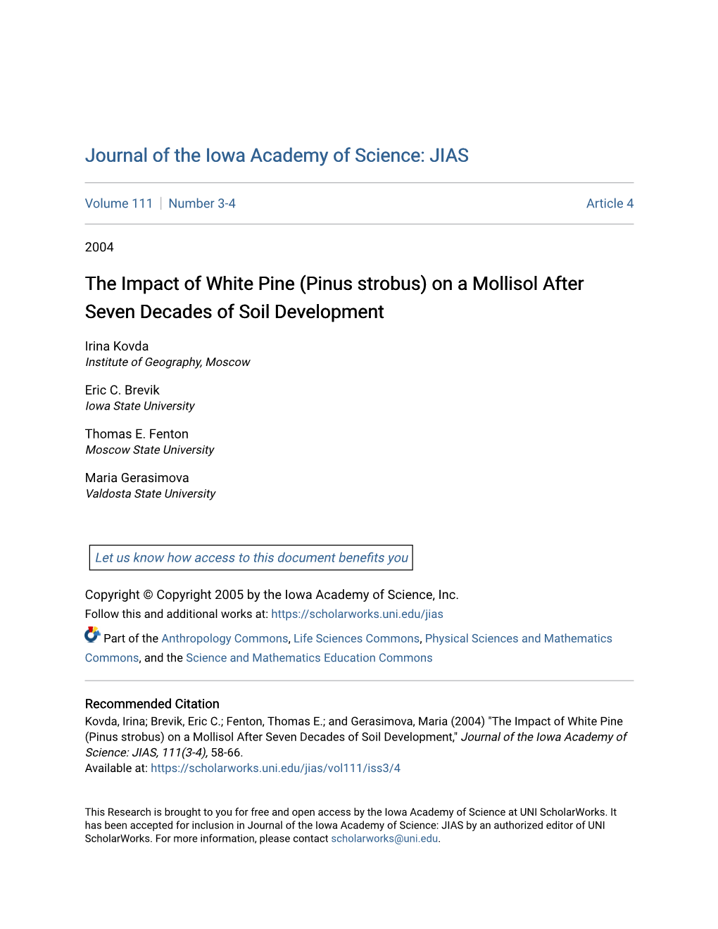 The Impact of White Pine (Pinus Strobus) on a Mollisol After Seven Decades of Soil Development