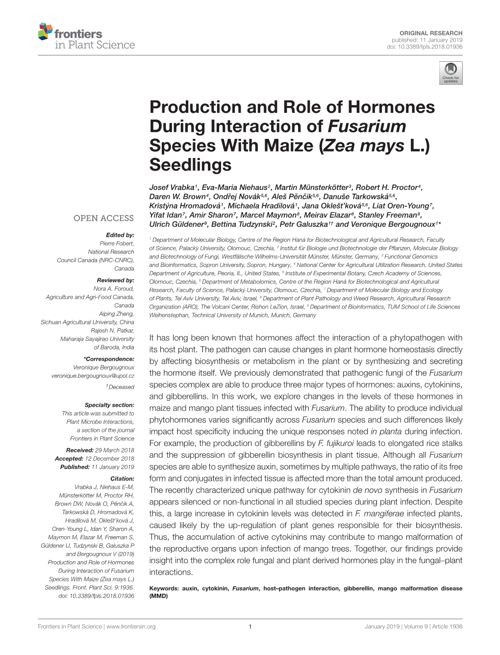 Production and Role of Hormones During Interaction of Fusarium Species with Maize (Zea Mays L.) Seedlings