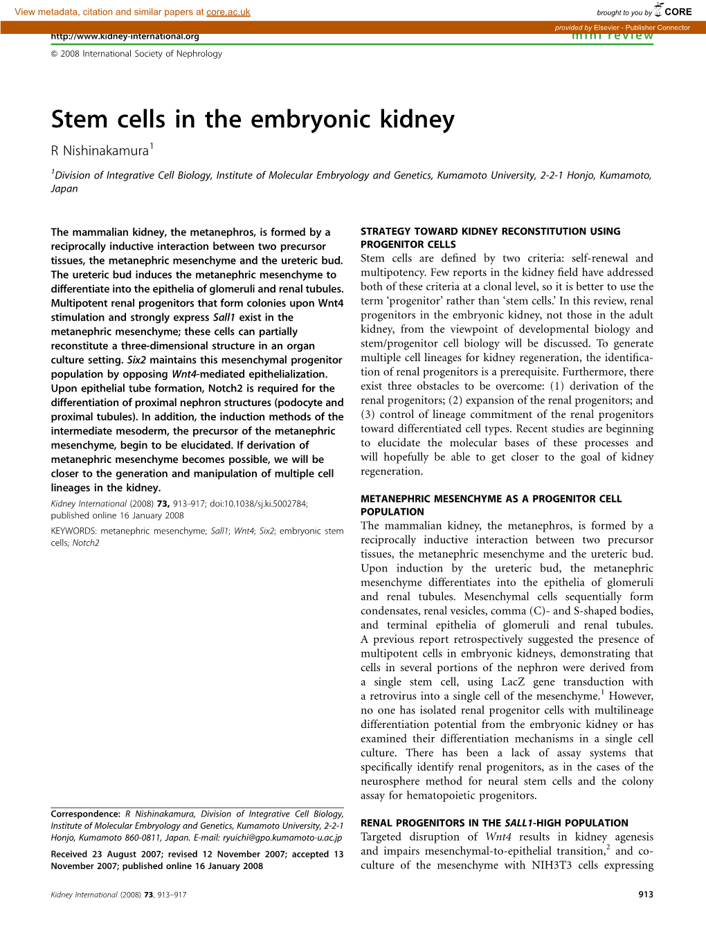 Stem Cells in the Embryonic Kidney R Nishinakamura1