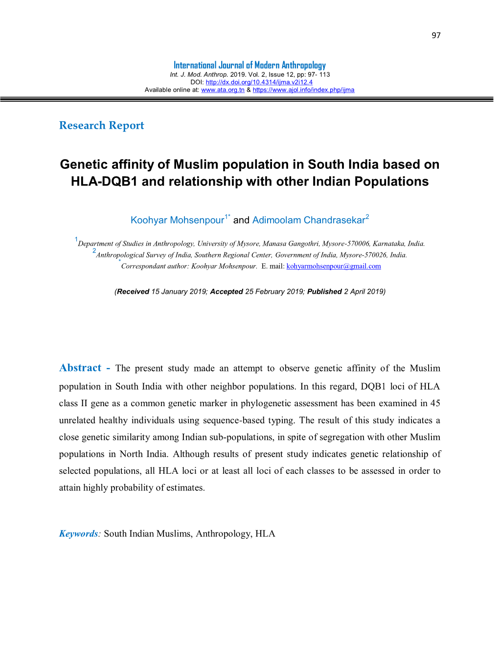 Genetic Affinity of Muslim Population in South India Based on HLA-DQB1 and Relationship with Other Indian Populations