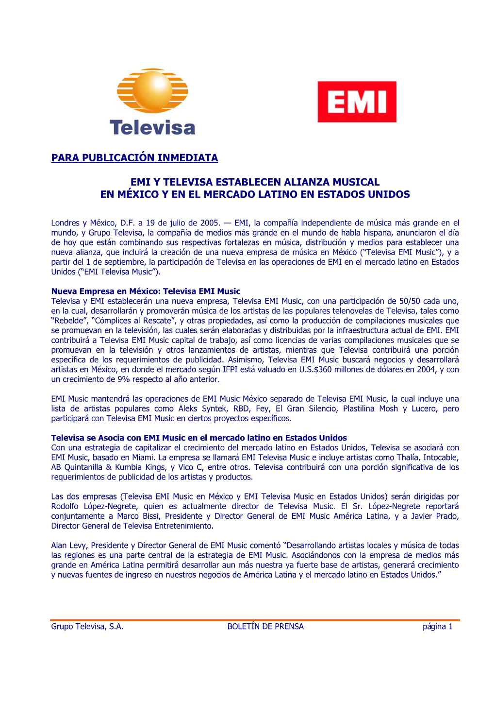Para Publicación Inmediata Emi Y Televisa Establecen Alianza Musical