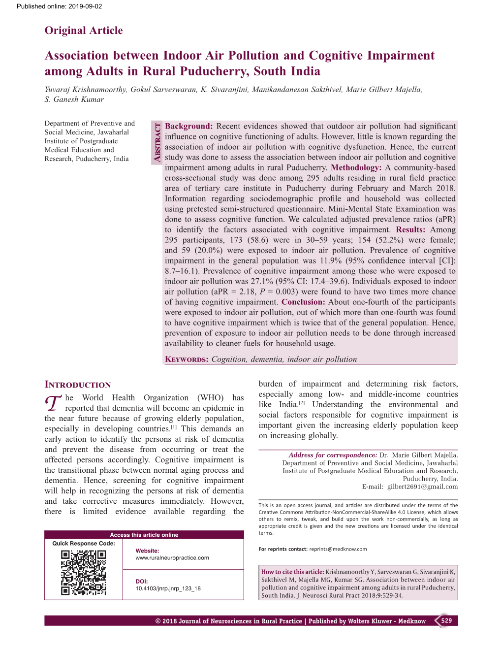 Association Between Indoor Air Pollution and Cognitive Impairment Among Adults in Rural Puducherry, South India Yuvaraj Krishnamoorthy, Gokul Sarveswaran, K