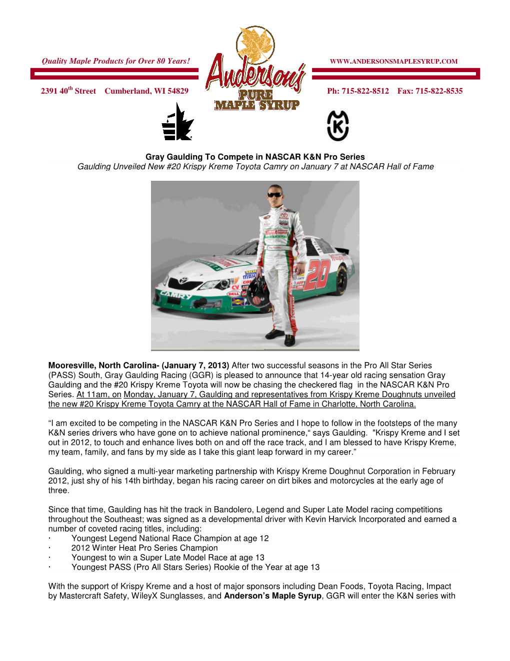 Gray Gaulding to Compete in NASCAR K&N Pro Series Gaulding