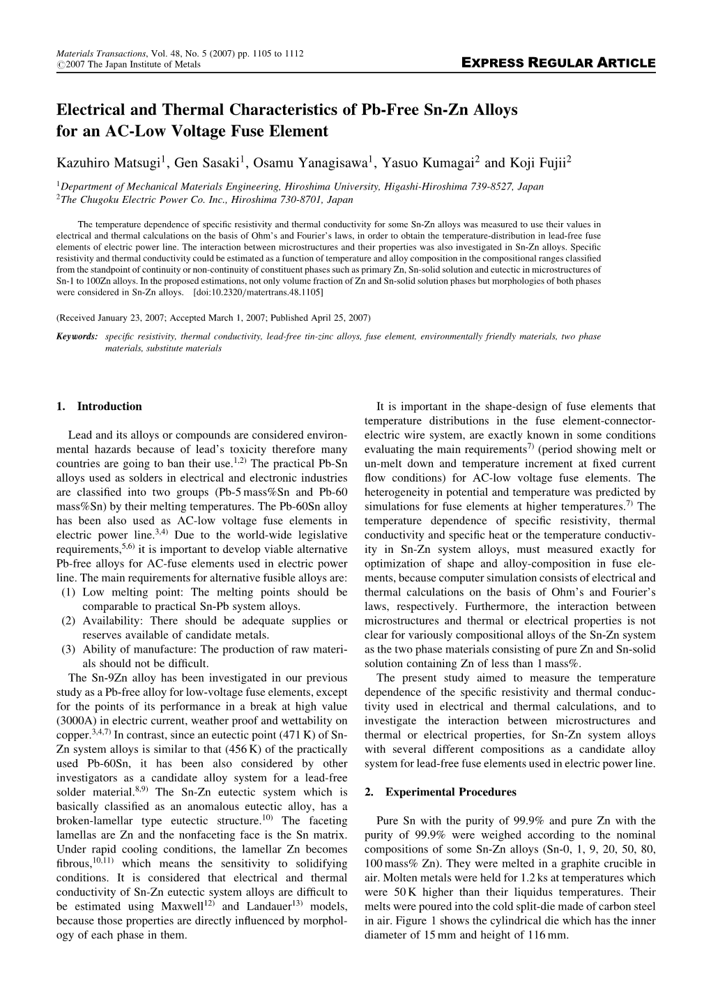 Electrical and Thermal Characteristics of Pb-Free Sn-Zn Alloys for an AC-Low Voltage Fuse Element