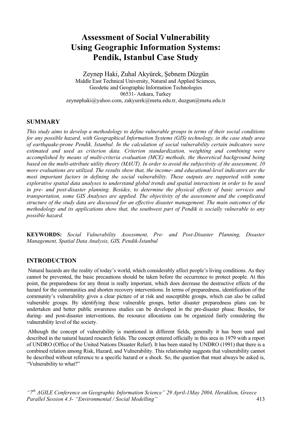 Assessment of Social Vulnerability Using Geographic Information Systems: Pendik, Istanbul Case Study