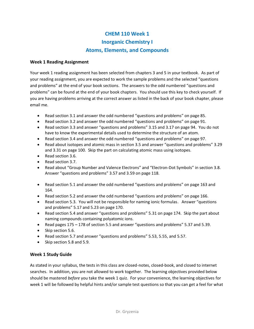 CHEM 110 Week 1 Inorganic Chemistry I Atoms, Elements, and Compounds