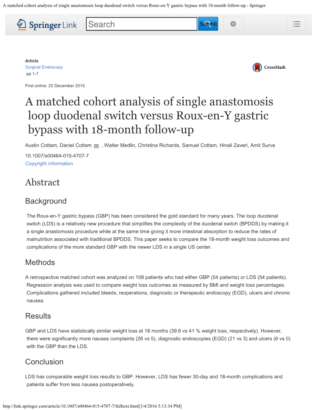 A Matched Cohort Analysis of Single Anastomosis Loop Duodenal Switch Versus Roux-En-Y Gastric Bypass with 18-Month Follow-Up - Springer