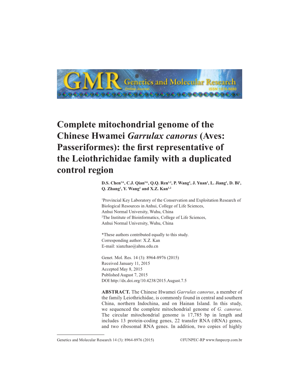 Complete Mitochondrial Genome of the Chinese Hwamei Garrulax Canorus