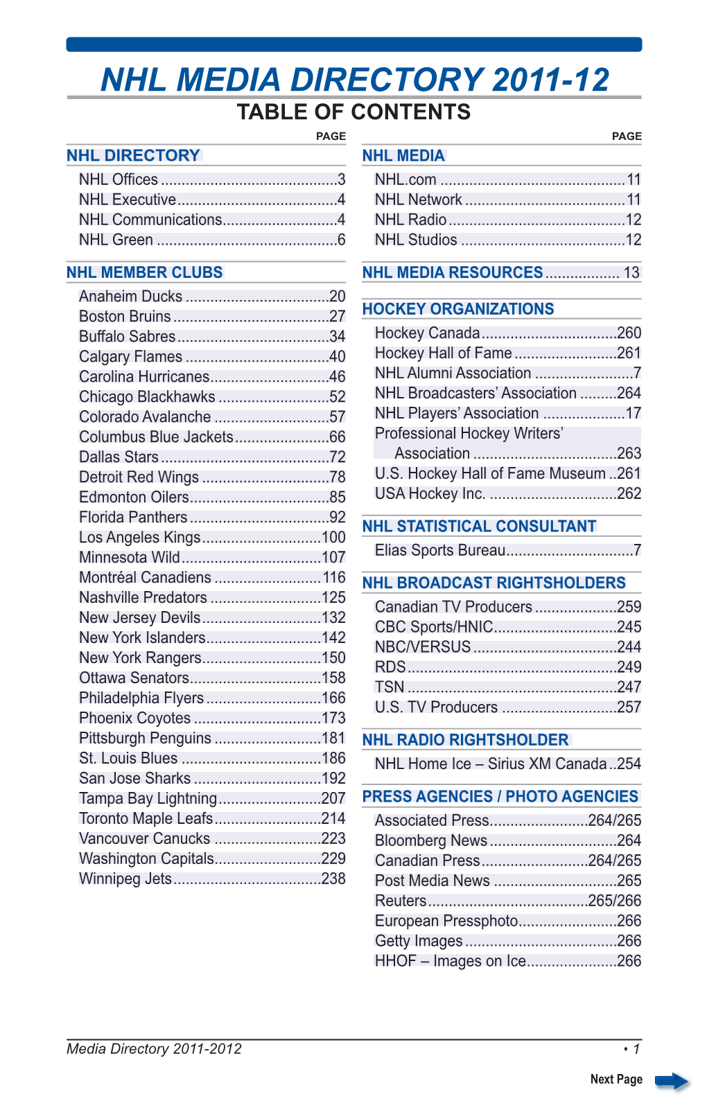 Nhl Media Directory 2011-12 Table of Contents Page Page Nhl Directory Nhl Media 1+/2I¿Fhv