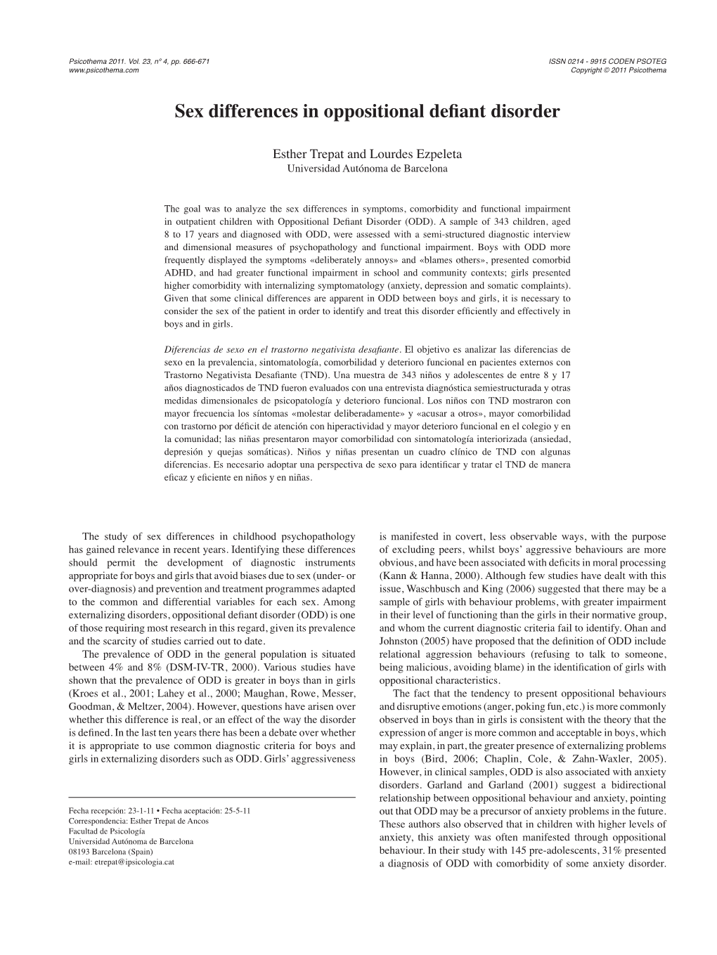 Sex Differences in Oppositional Defiant Disorder 667