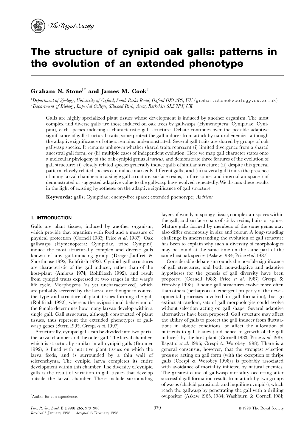 The Structure of Cynipid Oak Galls: Patterns in the Evolution of an Extended Phenotype