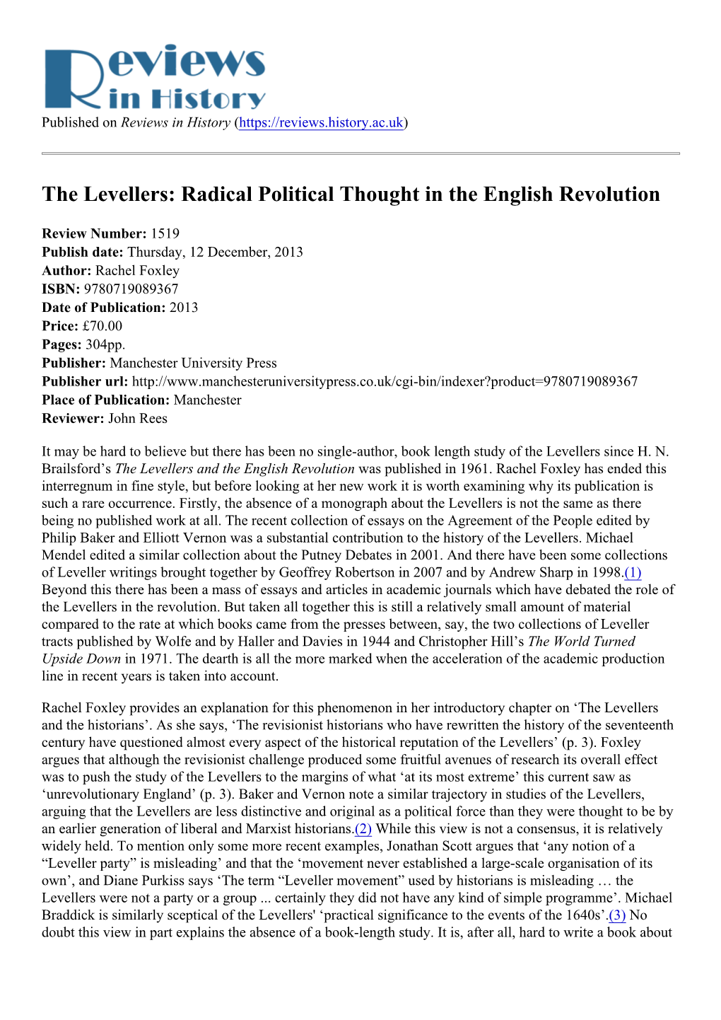 The Levellers: Radical Political Thought in the English Revolution