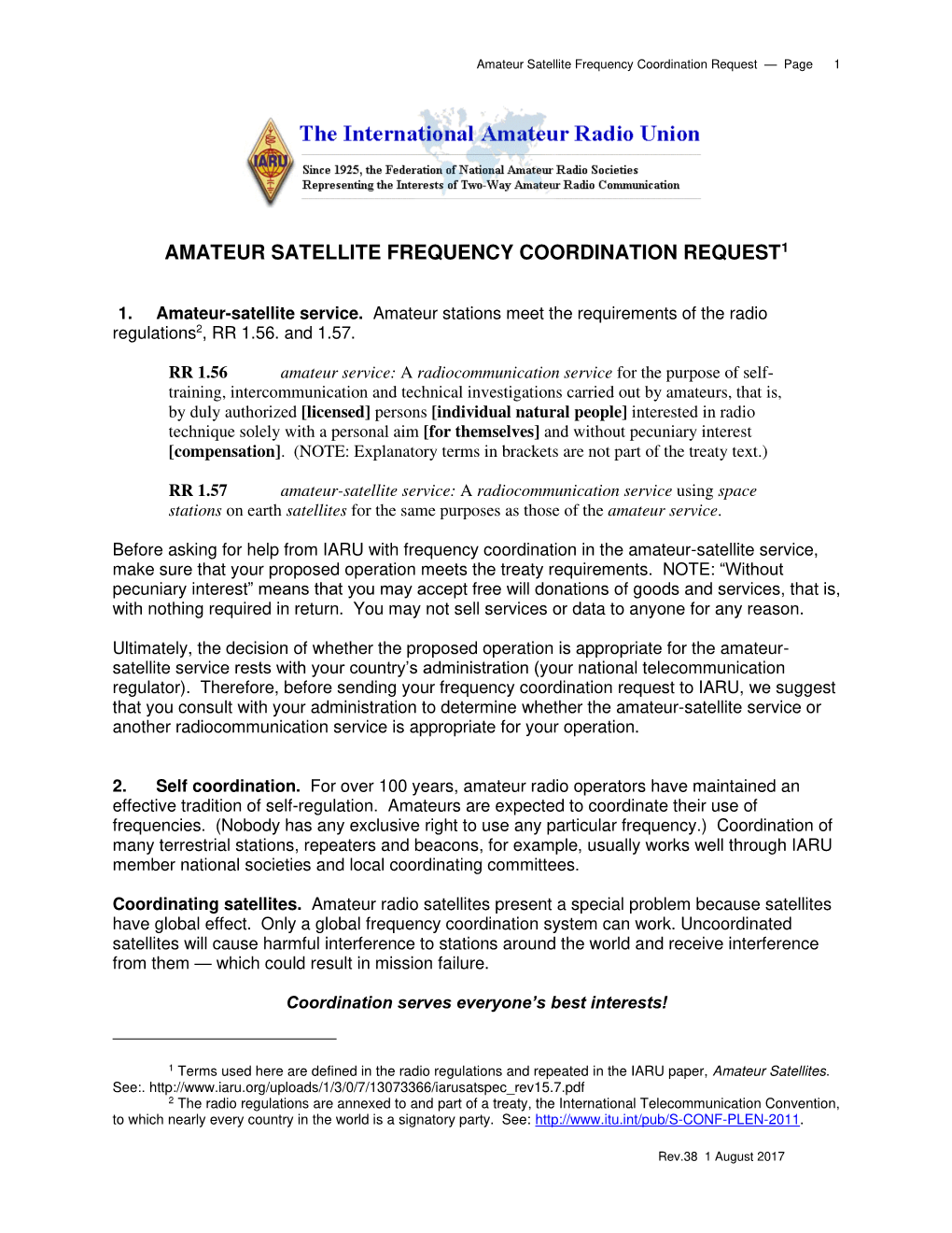 Amateur Satellite Frequency Coordination Request1