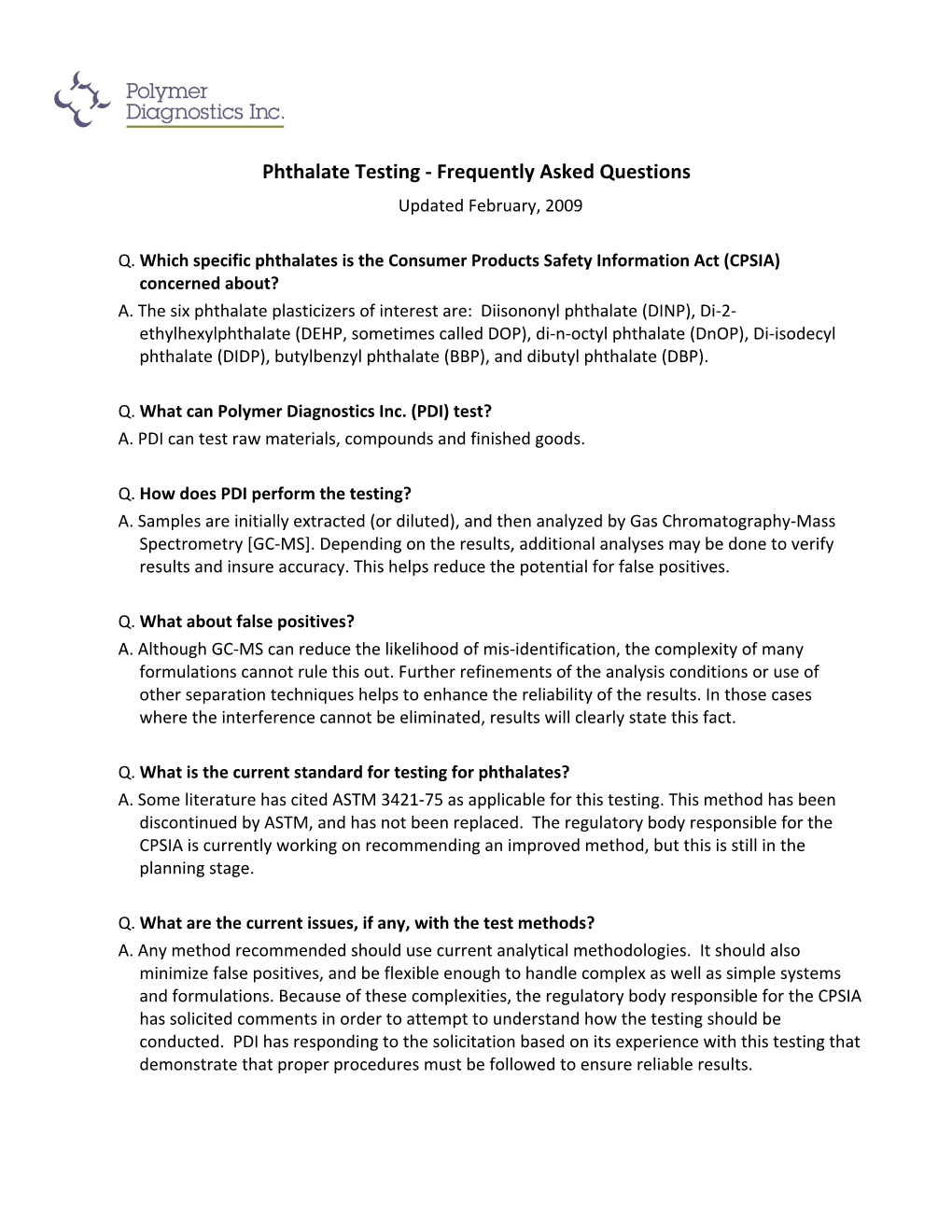 Phthalate Testing ‐ Frequently Asked Questions Updated February, 2009
