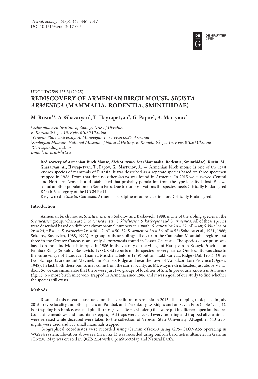 Rediscovery of Armenian Birch Mouse, Sicista Armenica (Mammalia, Rodentia, Sminthidae)