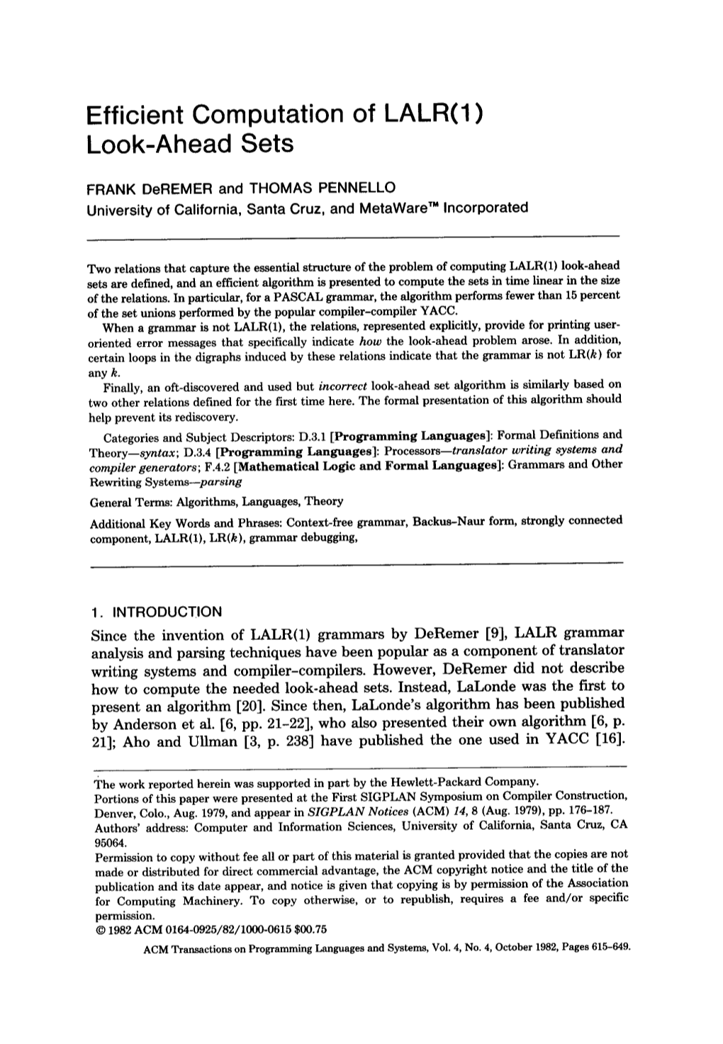 Efficient Computation of LALR(1) Look-Ahead Sets