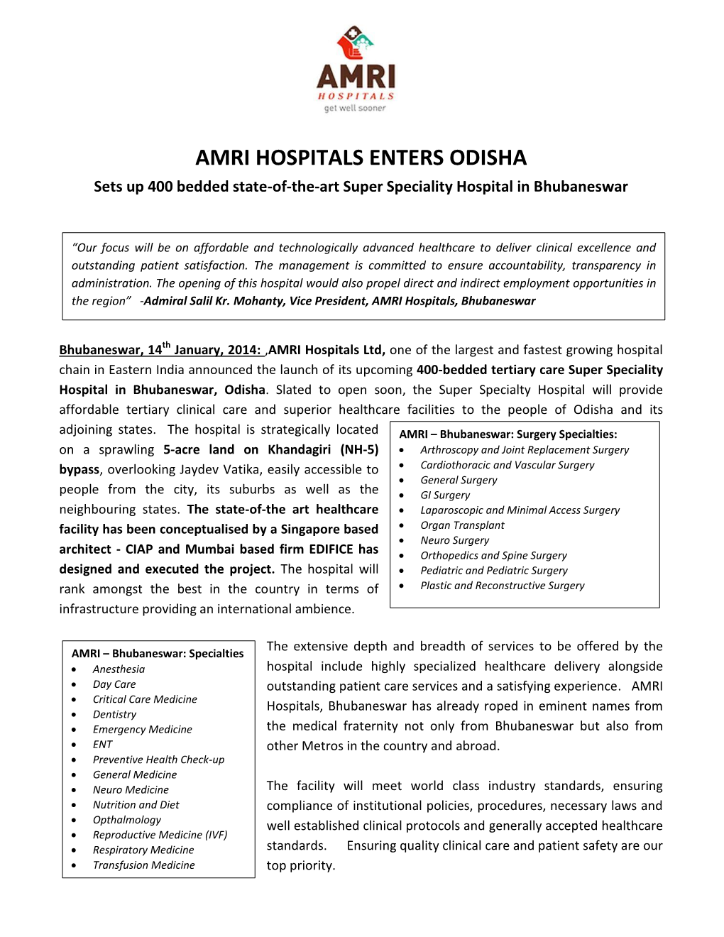AMRI HOSPITALS ENTERS ODISHA Sets up 400 Bedded State-Of-The-Art Super Speciality Hospital in Bhubaneswar