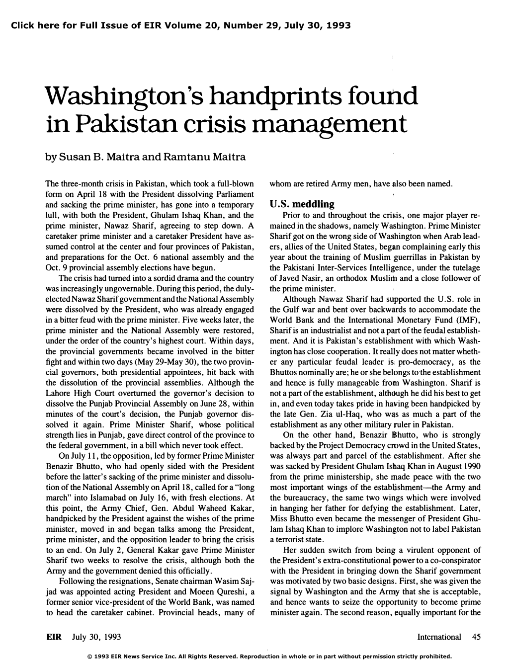 Washington's Handprints Found in Pakistan Crisis Management
