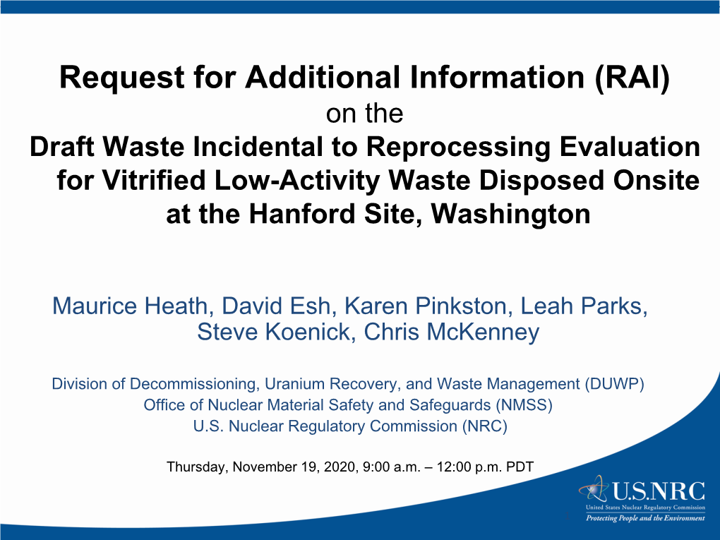 RAI) on the Draft Waste Incidental to Reprocessing Evaluation for Vitrified Low-Activity Waste Disposed Onsite at the Hanford Site, Washington