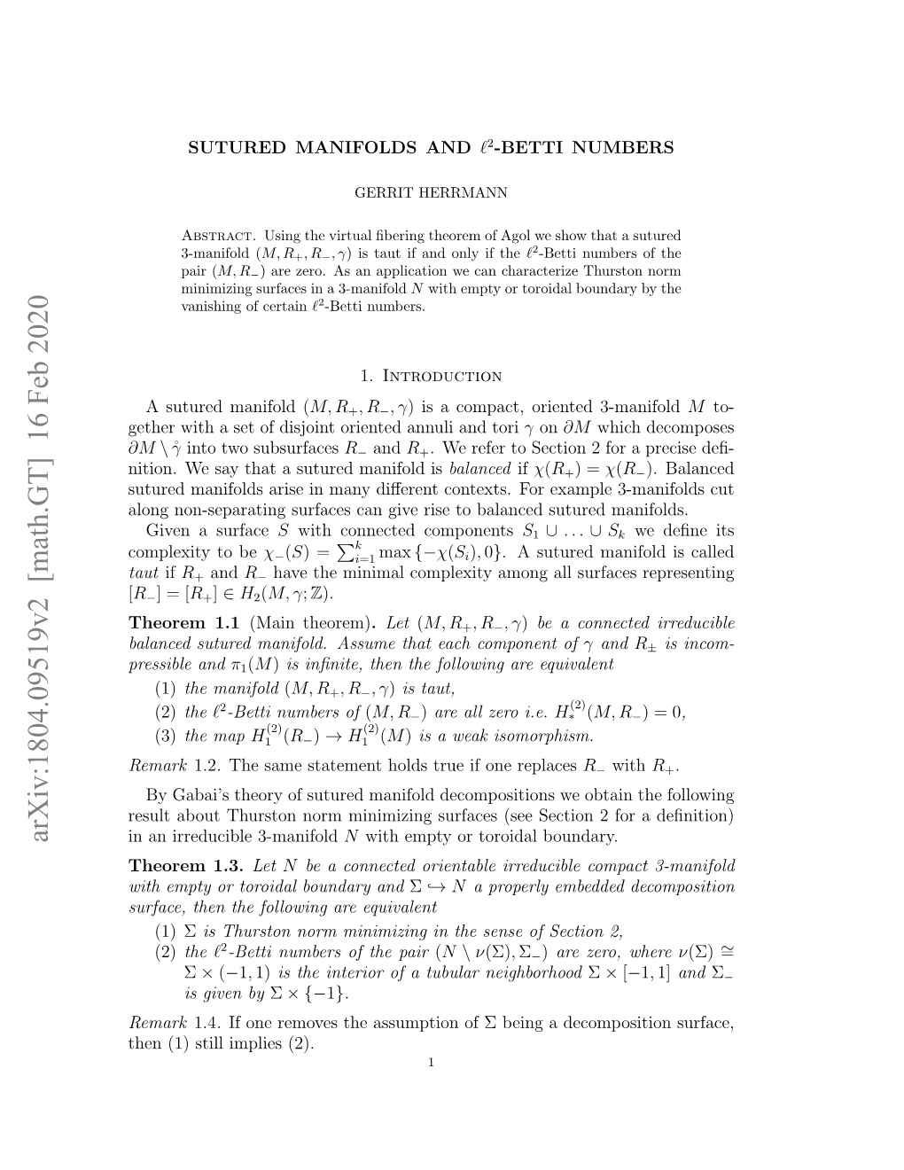 Arxiv:1804.09519V2 [Math.GT] 16 Feb 2020 in an Irreducible 3-Manifold N with Empty Or Toroidal Boundary