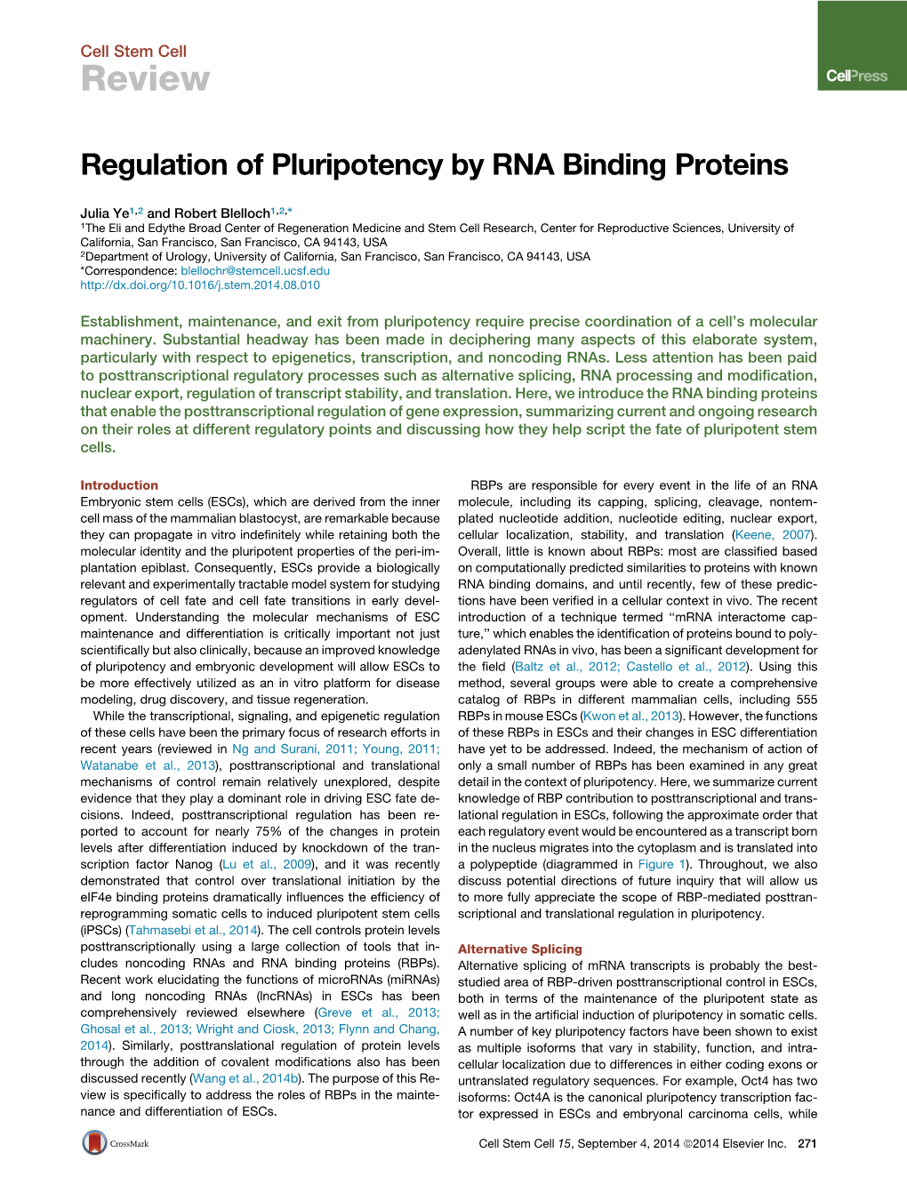 Regulation of Pluripotency by RNA Binding Proteins