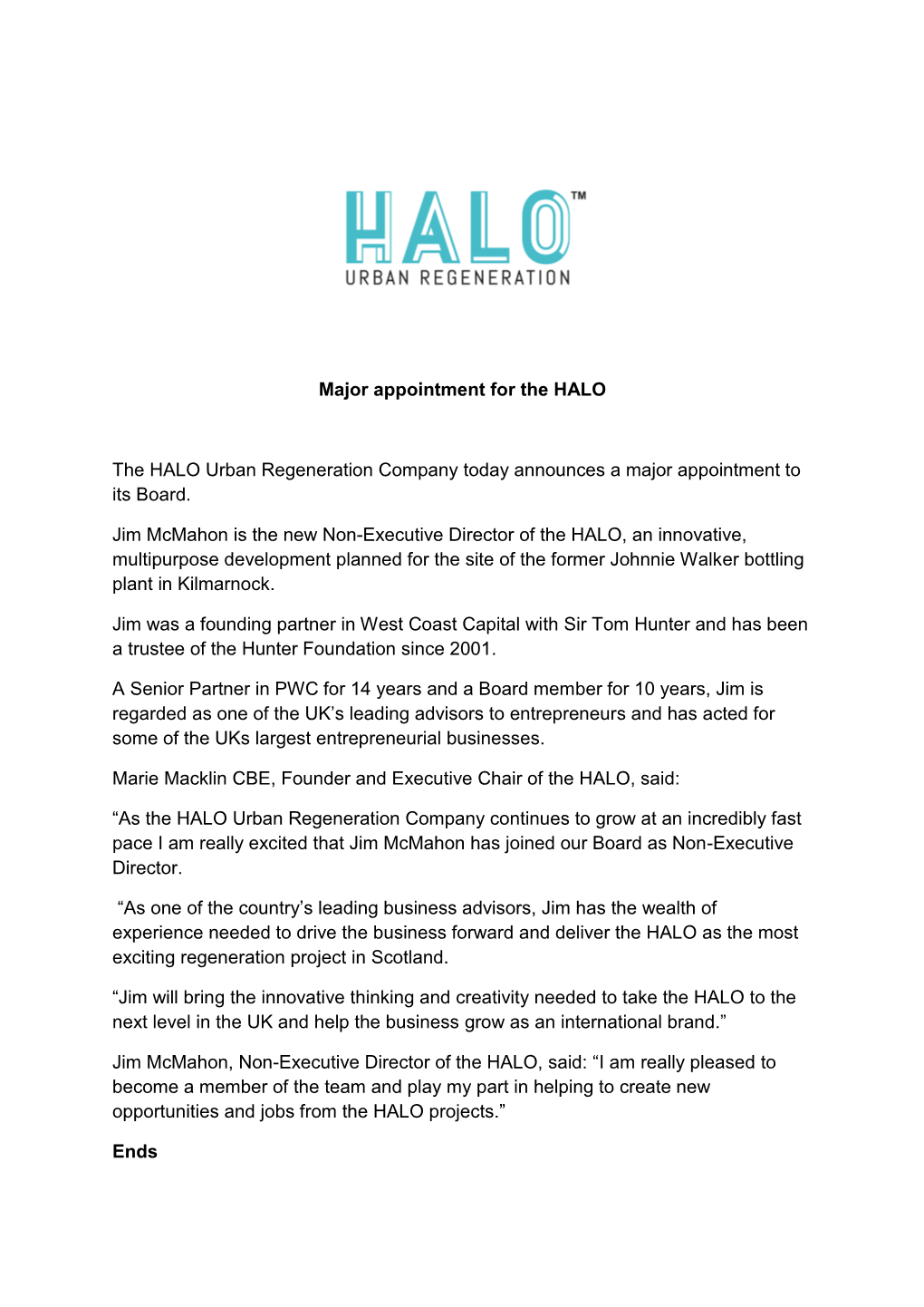 Major Appointment for the HALO the HALO Urban Regeneration
