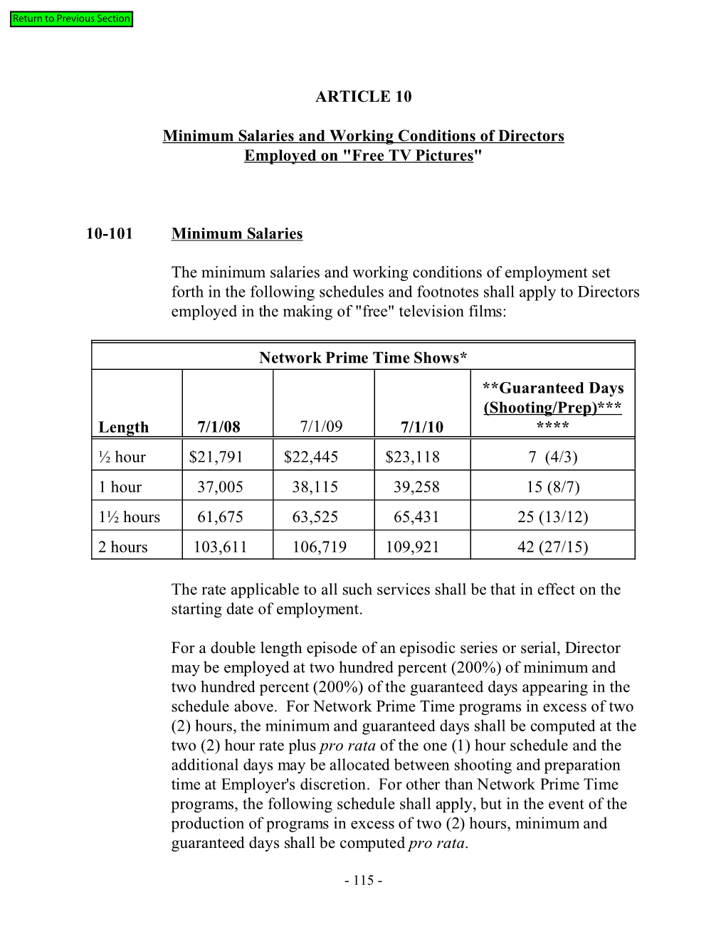 ARTICLE 10 Minimum Salaries and Working Conditions Of