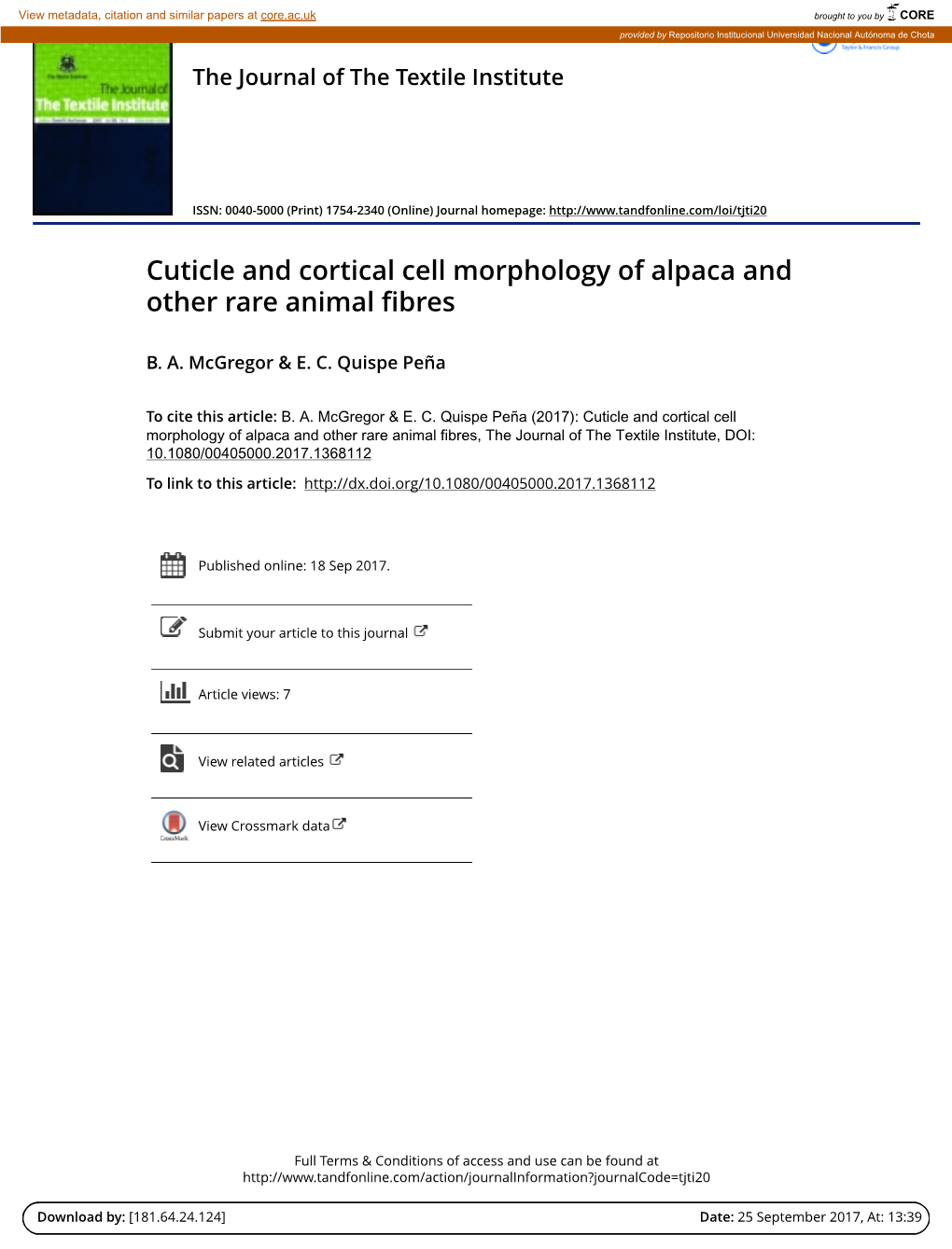 Cuticle and Cortical Cell Morphology of Alpaca and Other Rare Animal Fibres