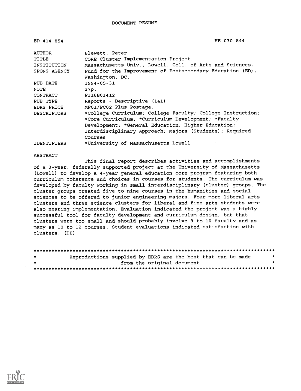 CORE Cluster Implementation Project. INSTITUTION Massachusetts Univ., Lowell