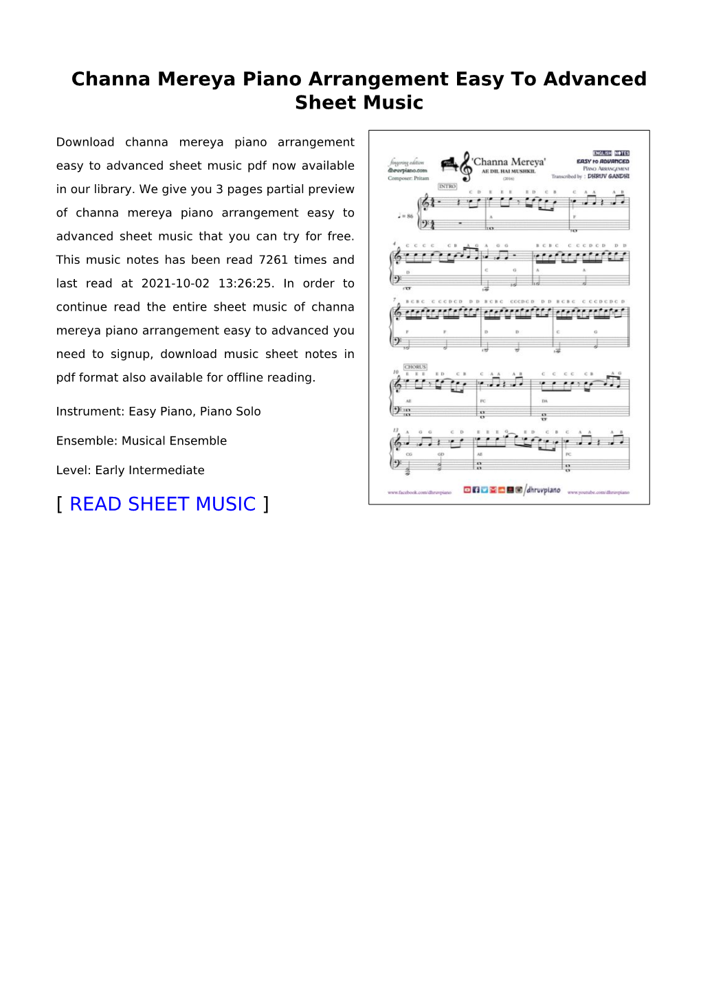 Channa Mereya Piano Arrangement Easy to Advanced Sheet Music