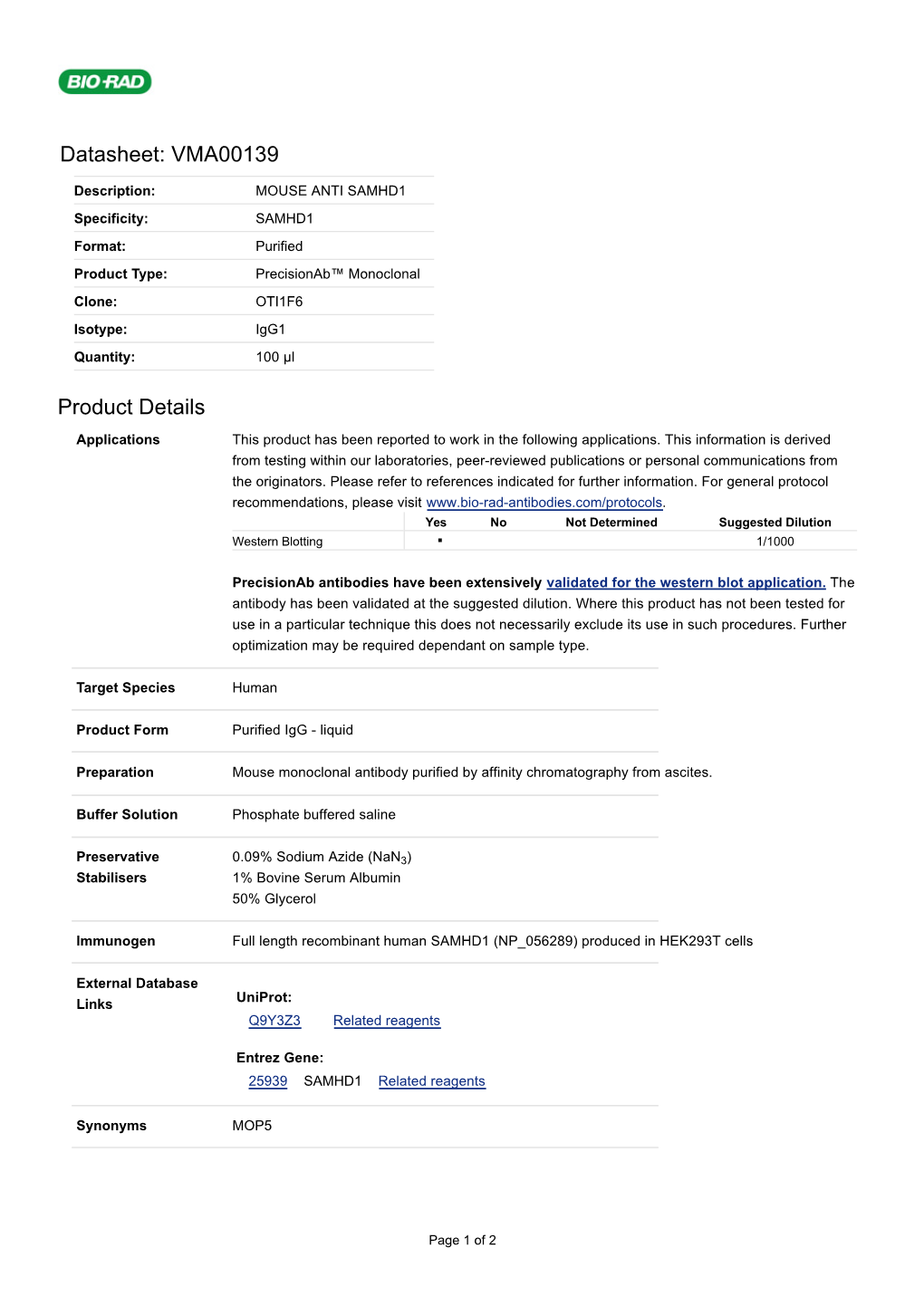 Datasheet: VMA00139 Product Details