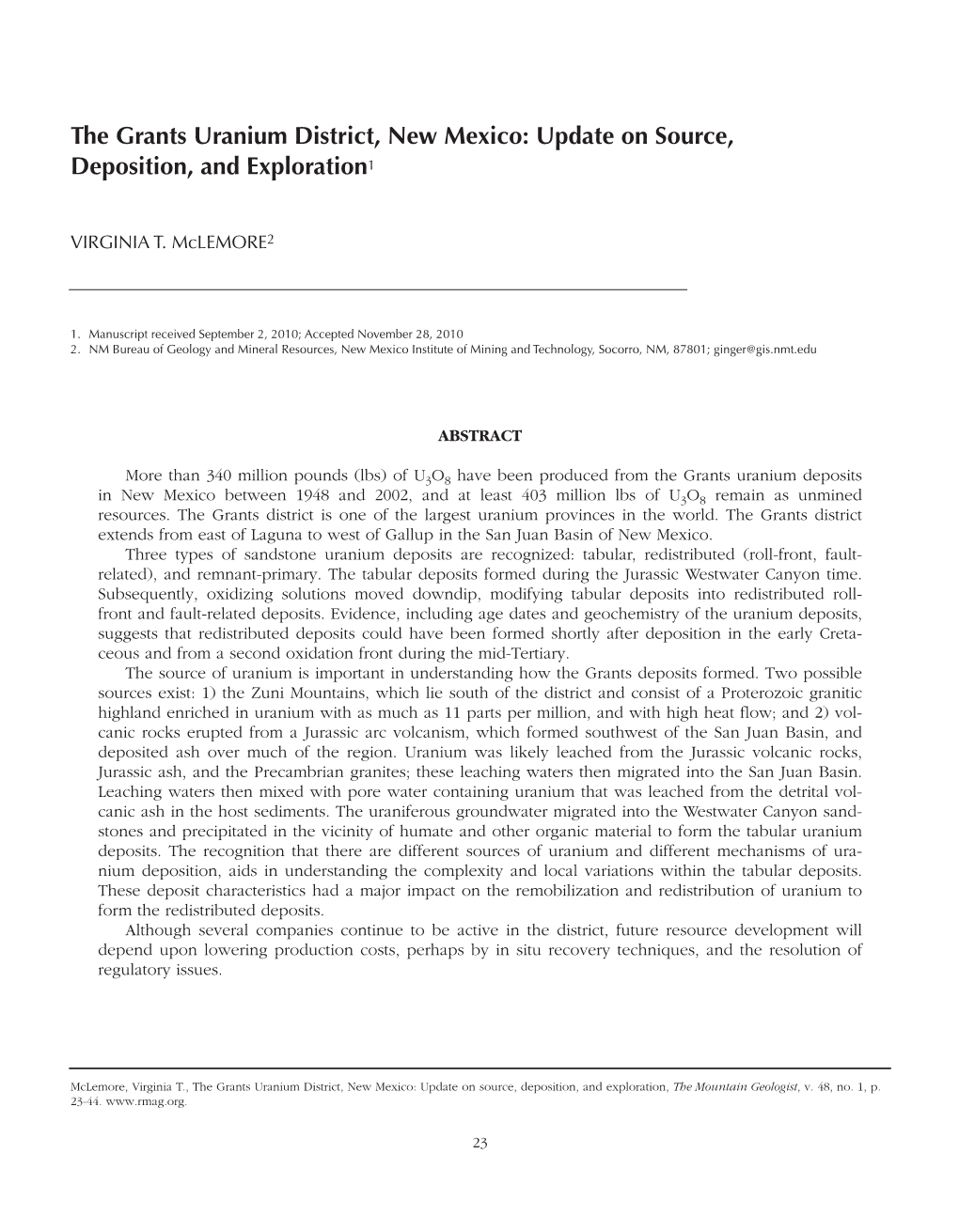 The Grants Uranium District, New Mexico: Update on Source, Deposition, and Exploration 1