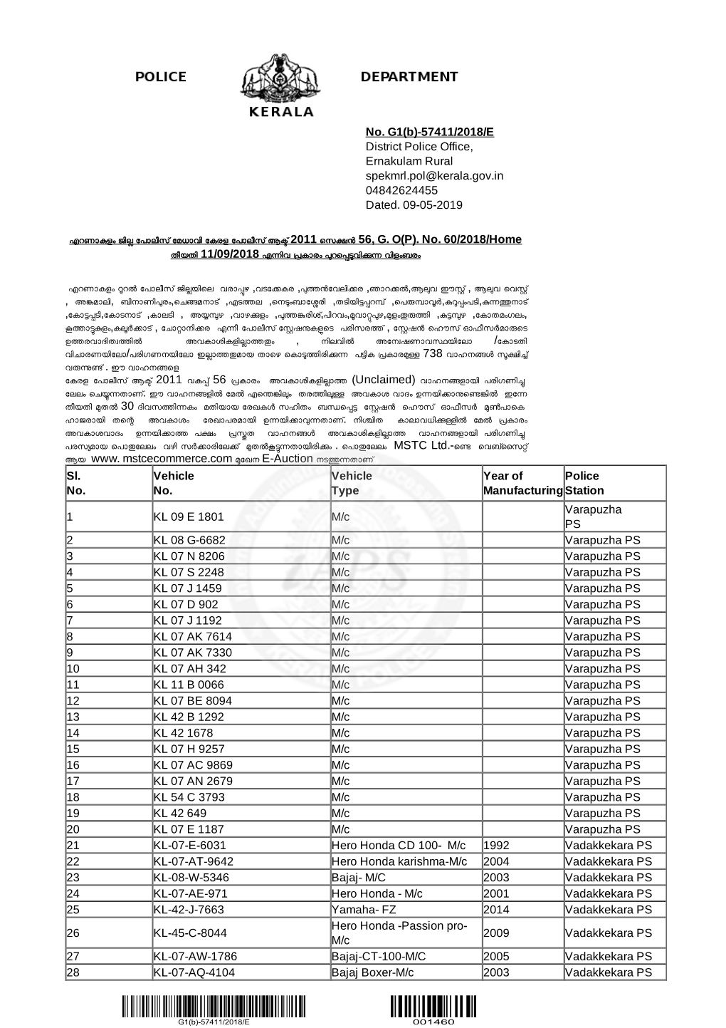 No. G1(B)-57411/2018/E District Police Office, Ernakulam Rural Spekmrl.Pol@Kerala.Gov.In 04842624455 Dated
