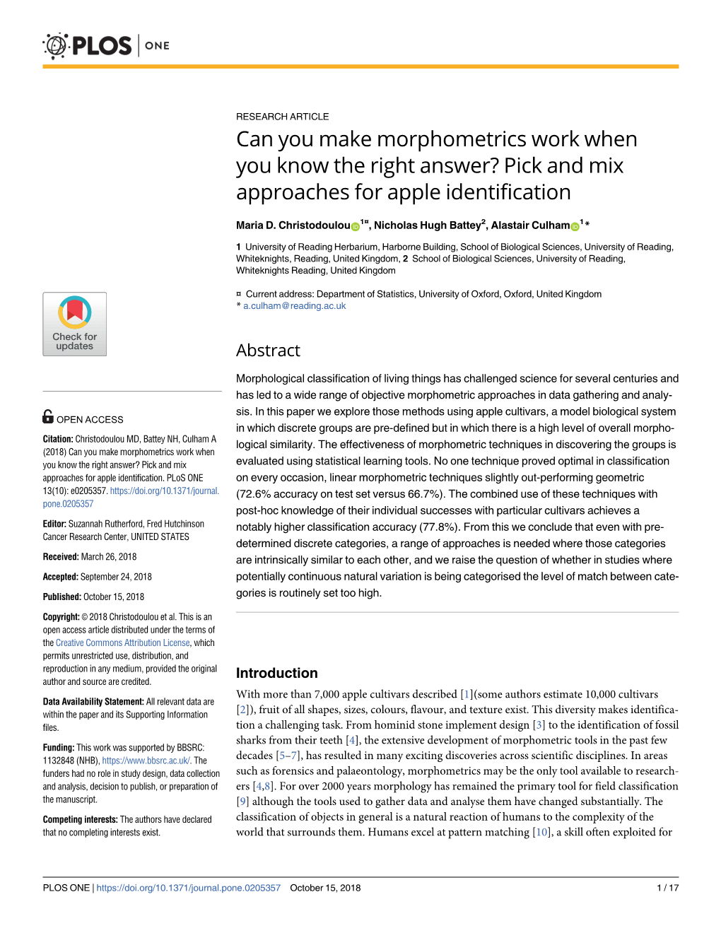 Can You Make Morphometrics Work When You Know the Right Answer? Pick and Mix Approaches for Apple Identification