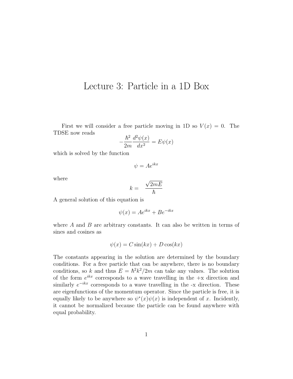 Lecture 3: Particle in a 1D Box