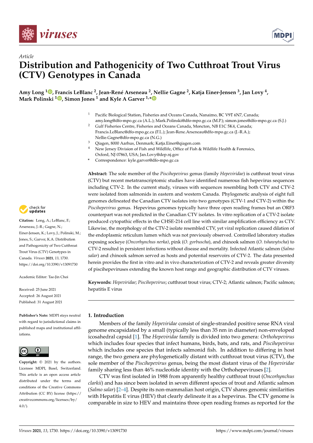 Distribution and Pathogenicity of Two Cutthroat Trout Virus (CTV) Genotypes in Canada