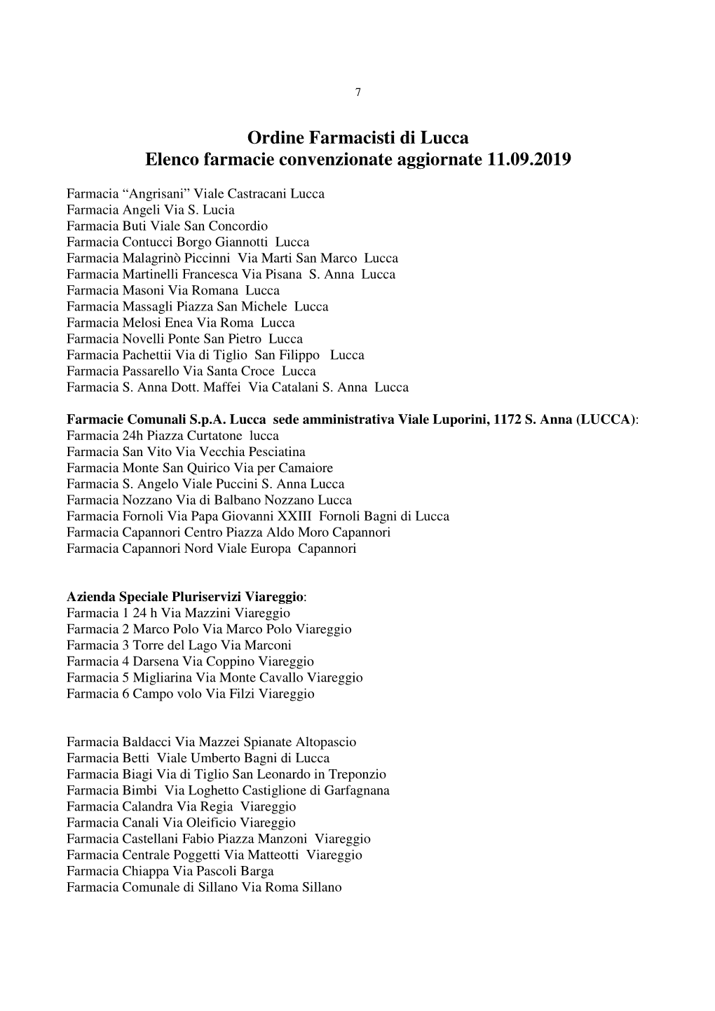 Lucca Elenco Farmacie Convenzionate Aggiornate 11.09.2019