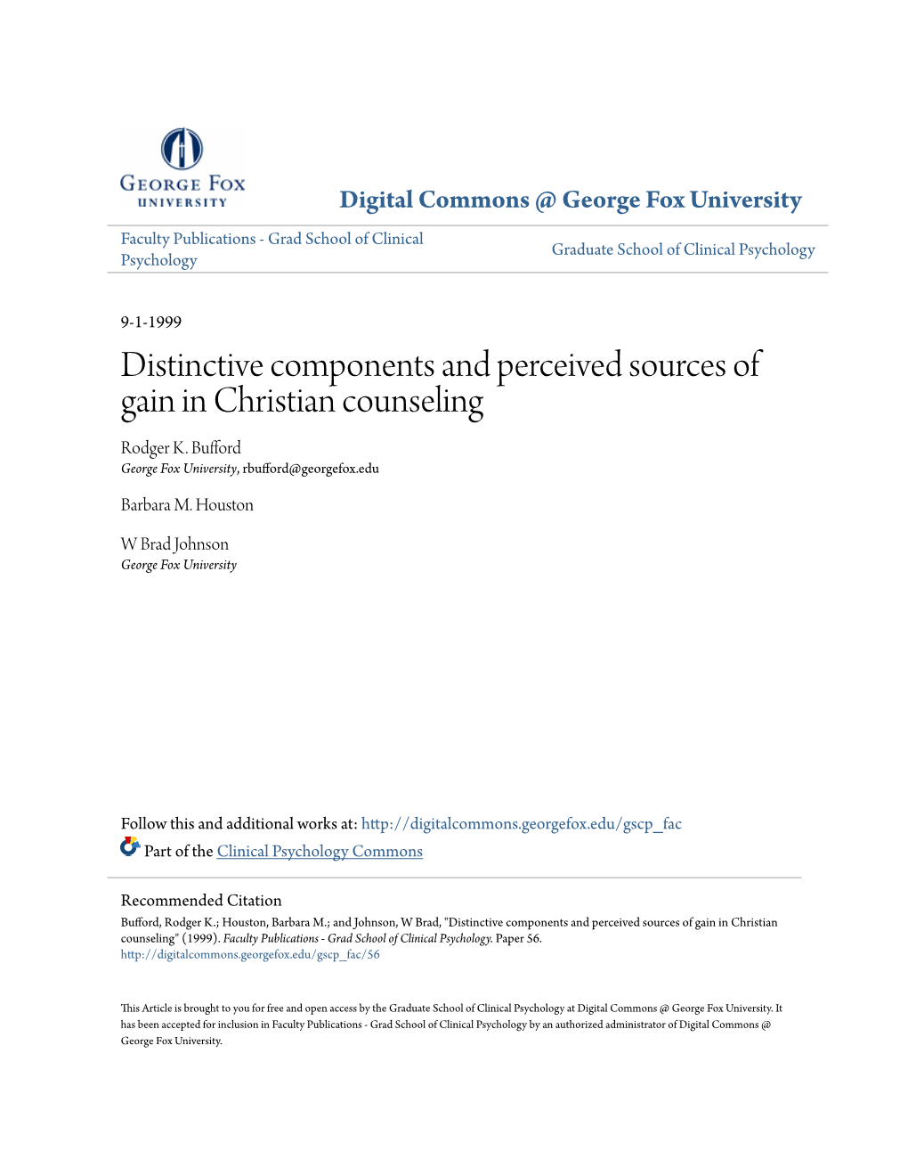 Distinctive Components and Perceived Sources of Gain in Christian Counseling Rodger K